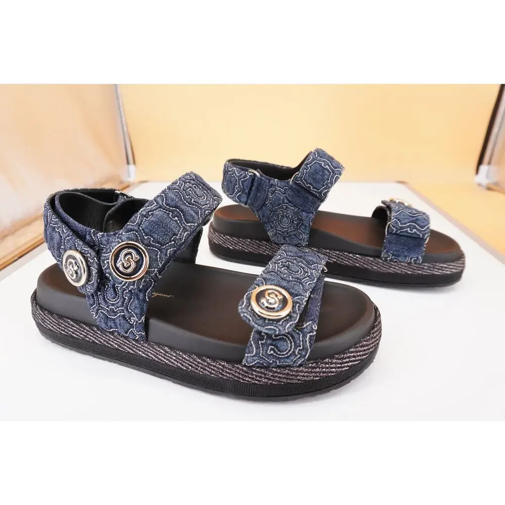 Salvatore Ferragamo Kalie Gal QT Denim Logo Sandal SZ 9.5 C Button $850 NIB